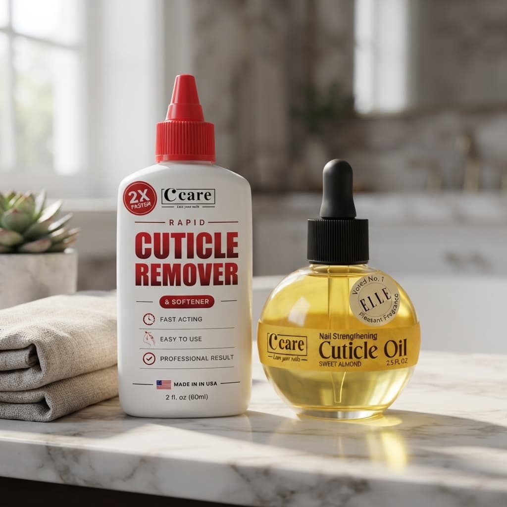 C Care Beauty product collection on vanity — cuticle oil, castor oil, cuticle remover, and lip oil